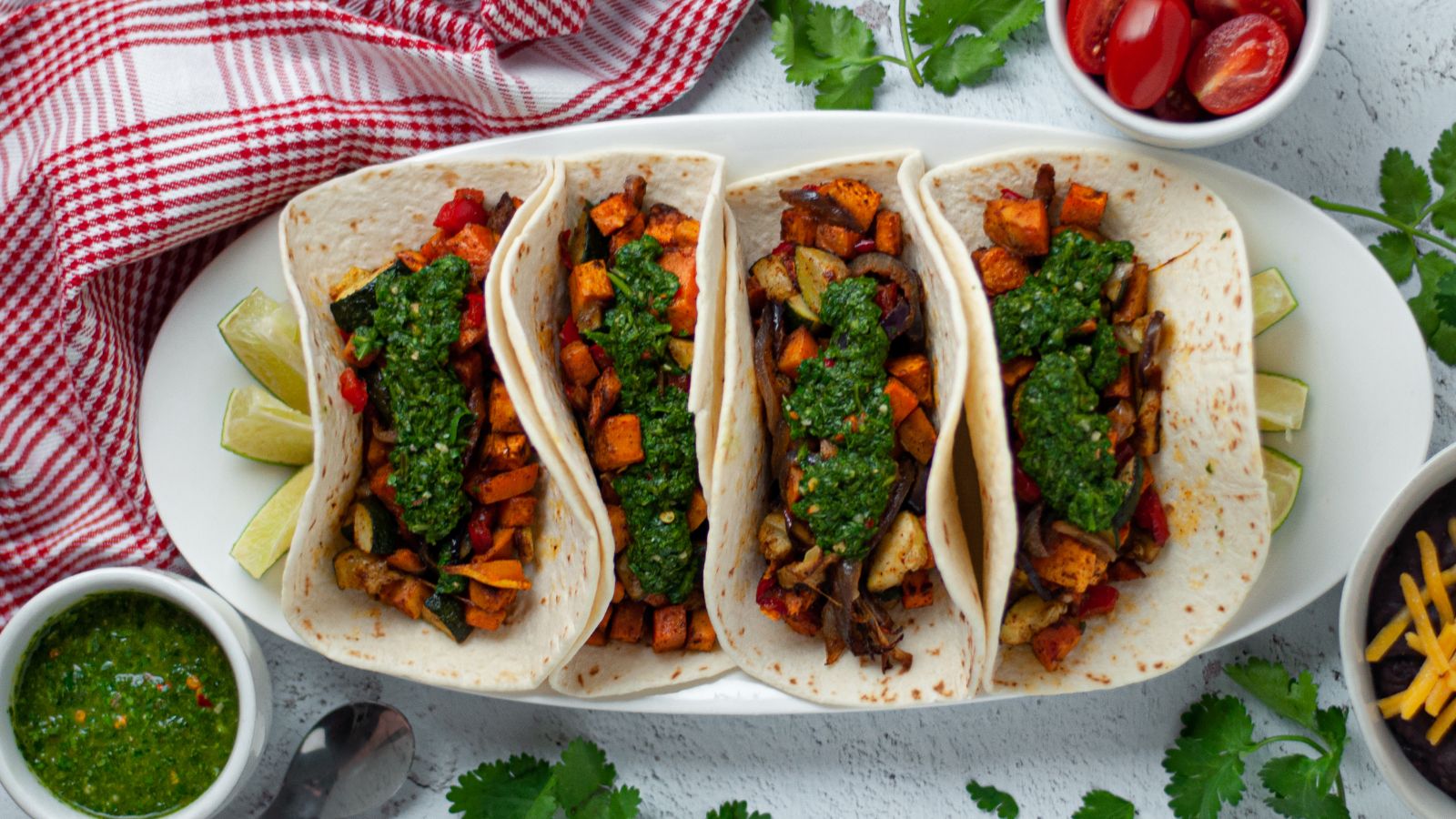 Four tacos with vegetables.