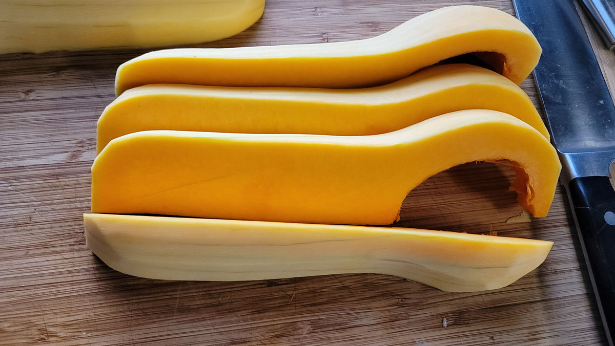 Squash cut into equal slices vertically.