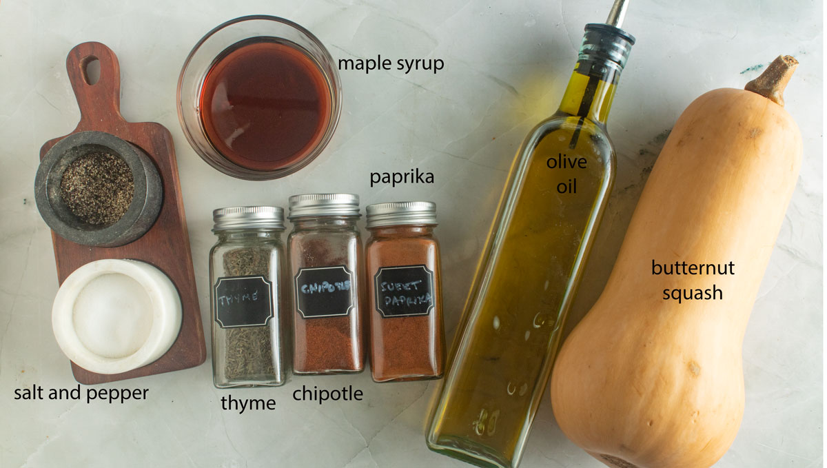 Ingredients for air fryer roasted butternut. See details in the recipe below.