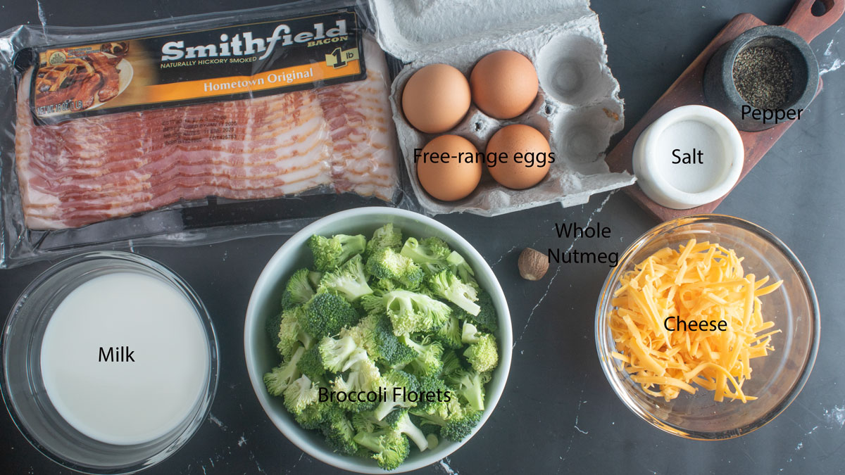 Ingredients for broccoli and bacon quiche. See details in recipe below.
