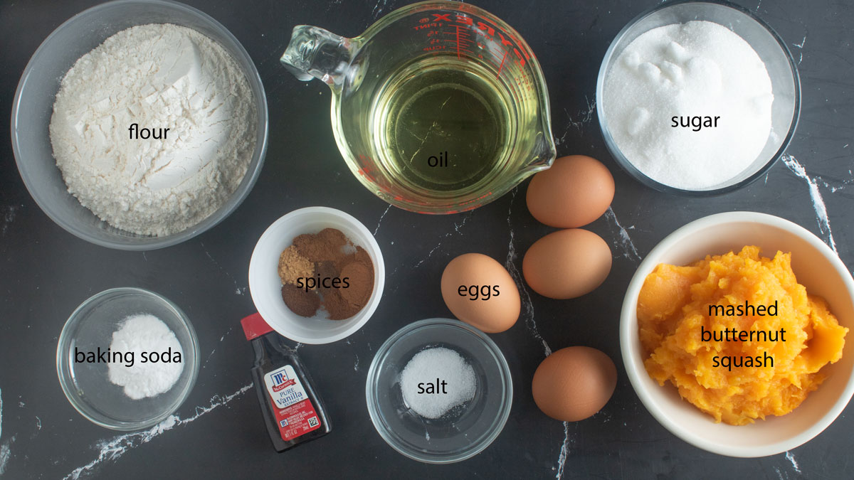Ingredients for butternut squash cake. Details in the recipe below.