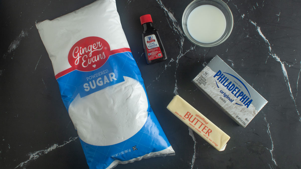 Ingredients for cream cheese frosting. See details in recipe below.