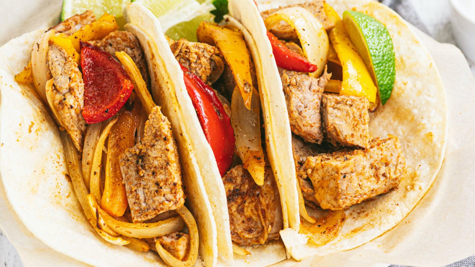 Pork loin fajitas close up.