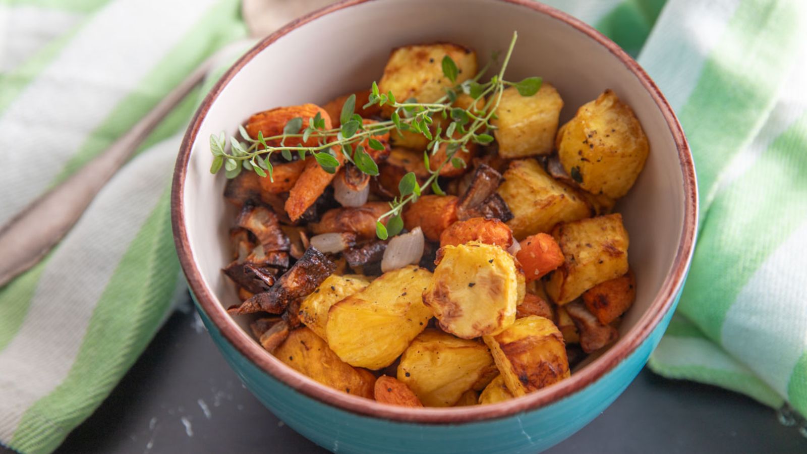 Roasted vegetables in a bowl.