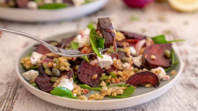 Beetroot and feta salad on a plate.