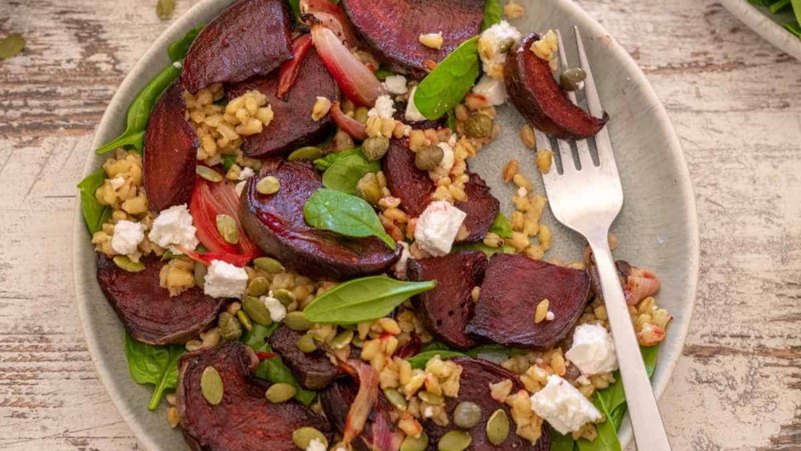 Beetroot and feta salad on a plate.