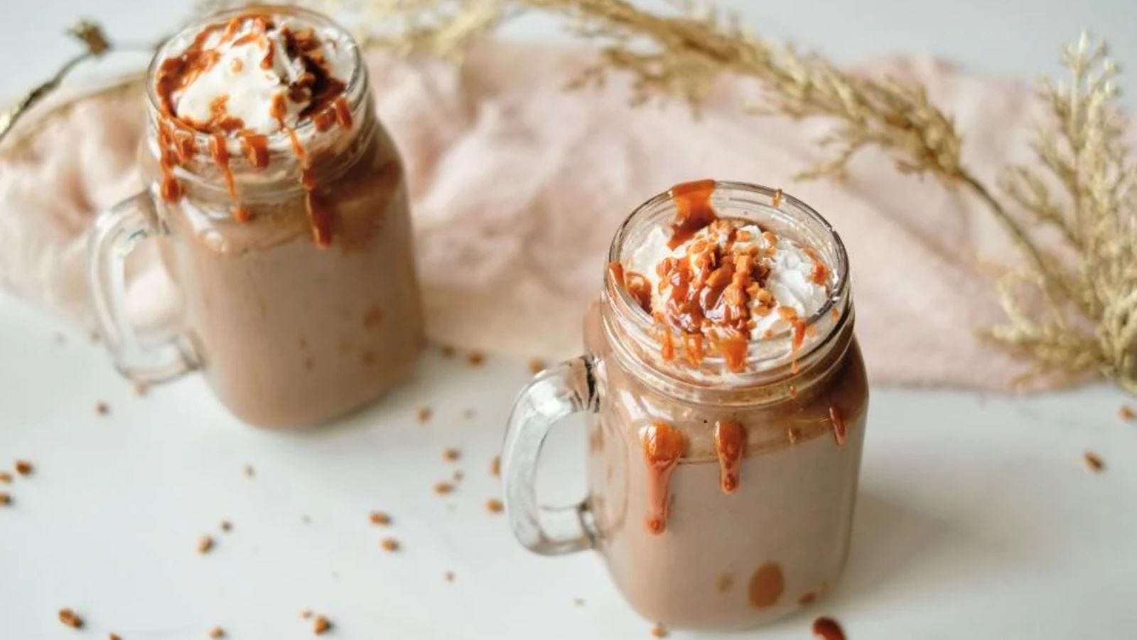 Hot chocolate with caramel drizzle.