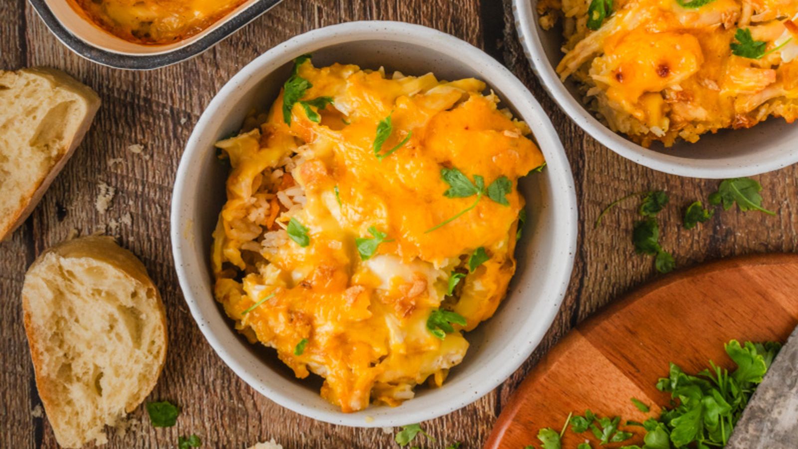 Cheesy chicken and rice casserole in a bowl.