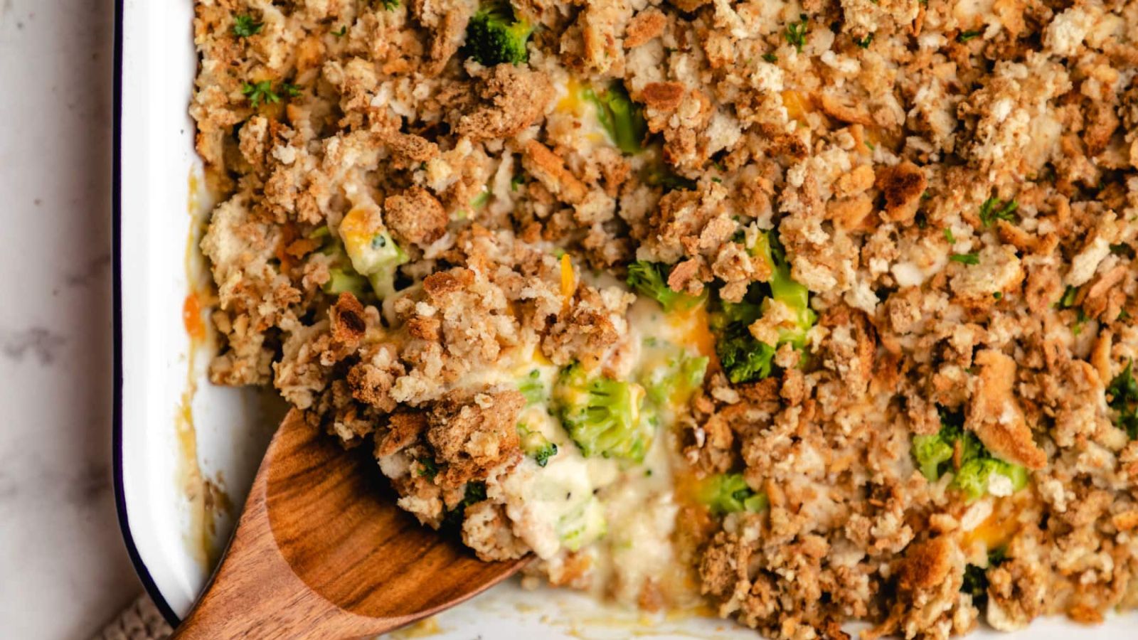 Chicken and broccoli stuffing on a tray.