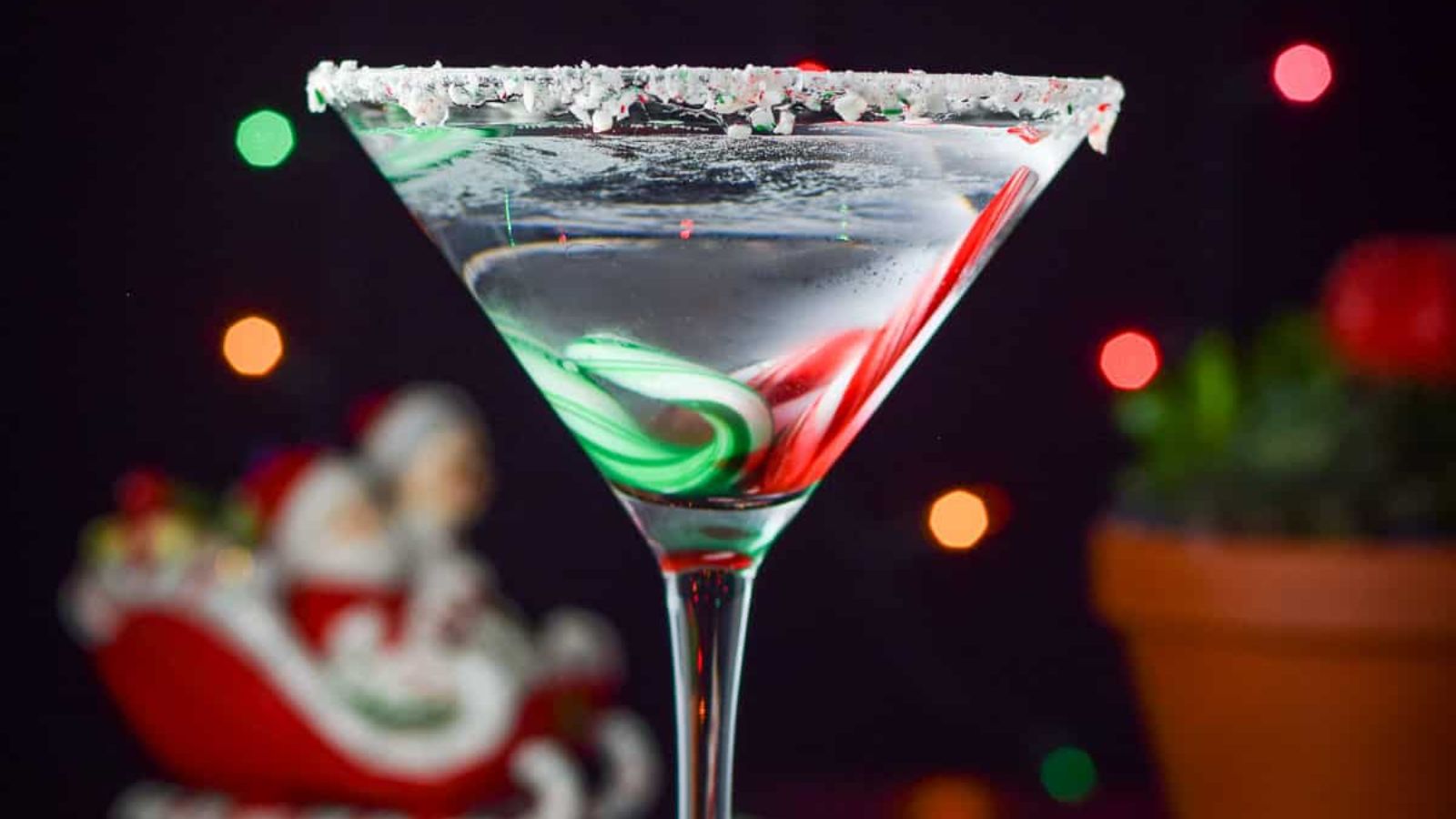 Chocolate candy cane martini in a glass.