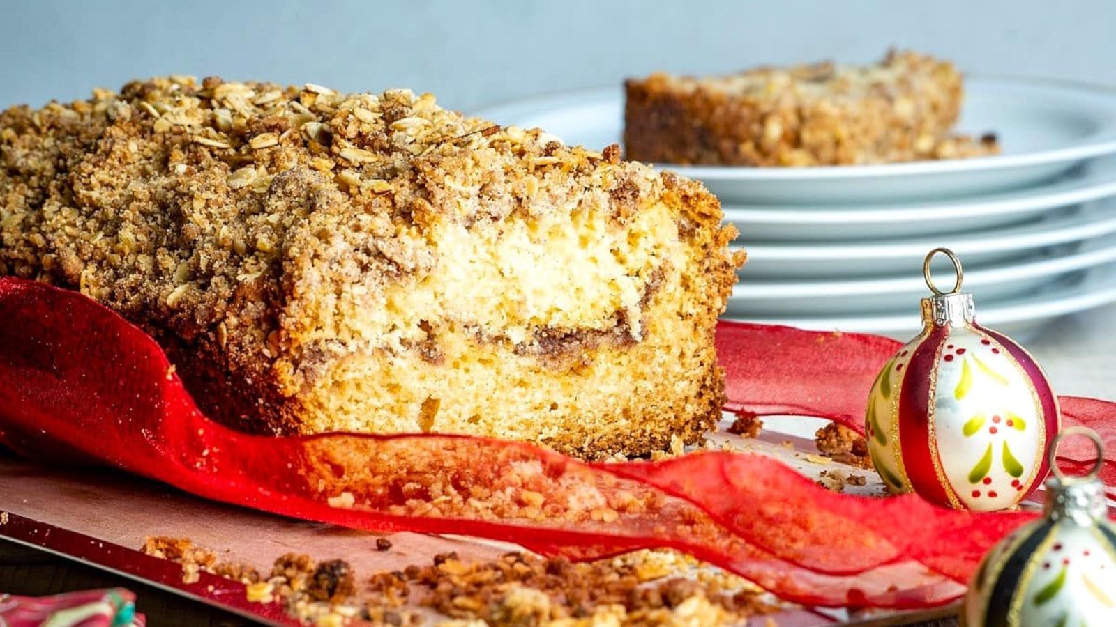Coffee cake with slice.