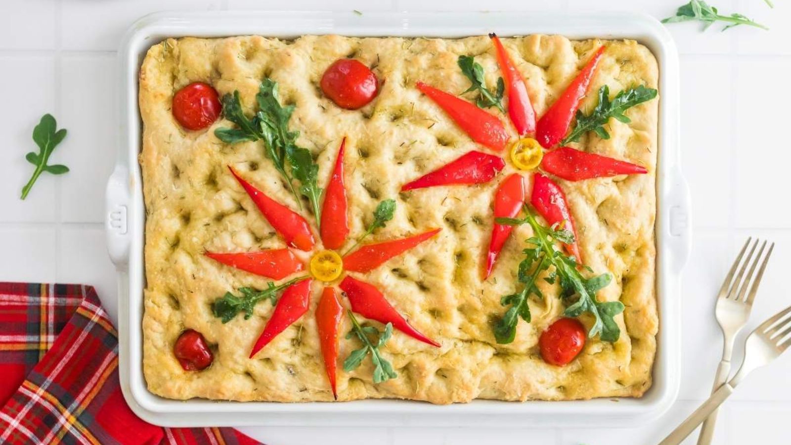 Focaccia bread on a tray.