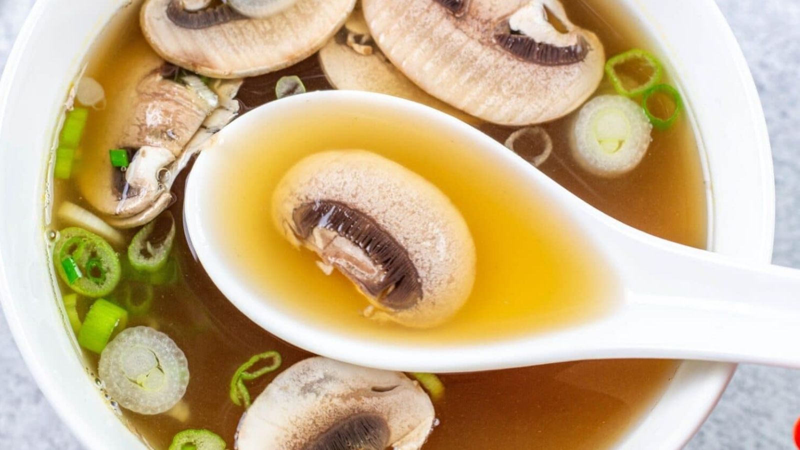 Spoonful of soup with mushroom.