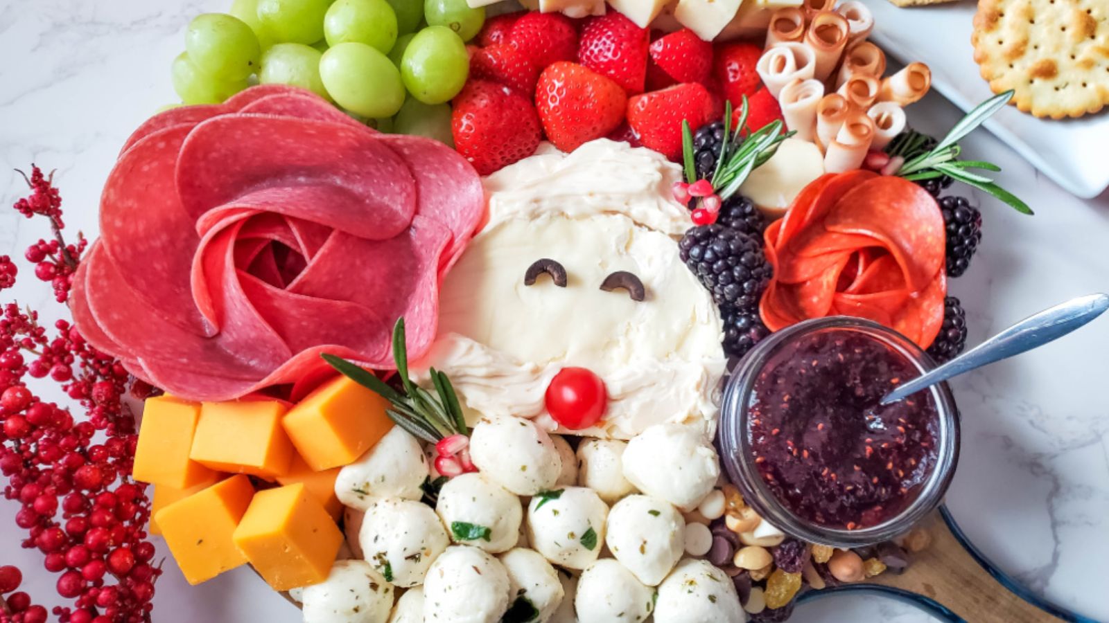 Santa charcuterie board close up.