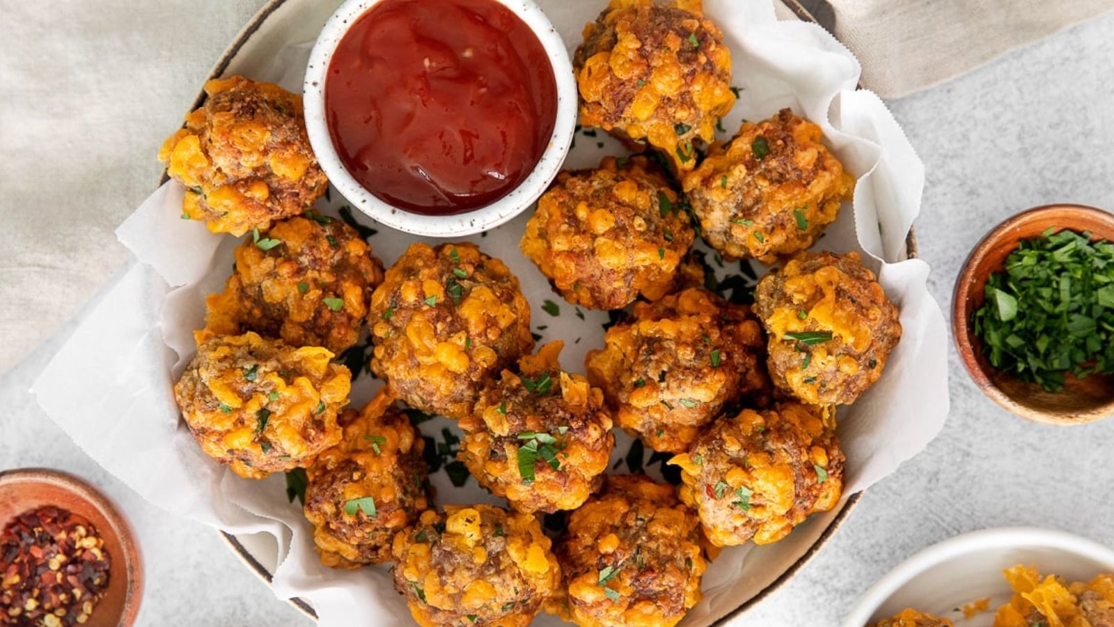 Sausage ball with dip on the side.