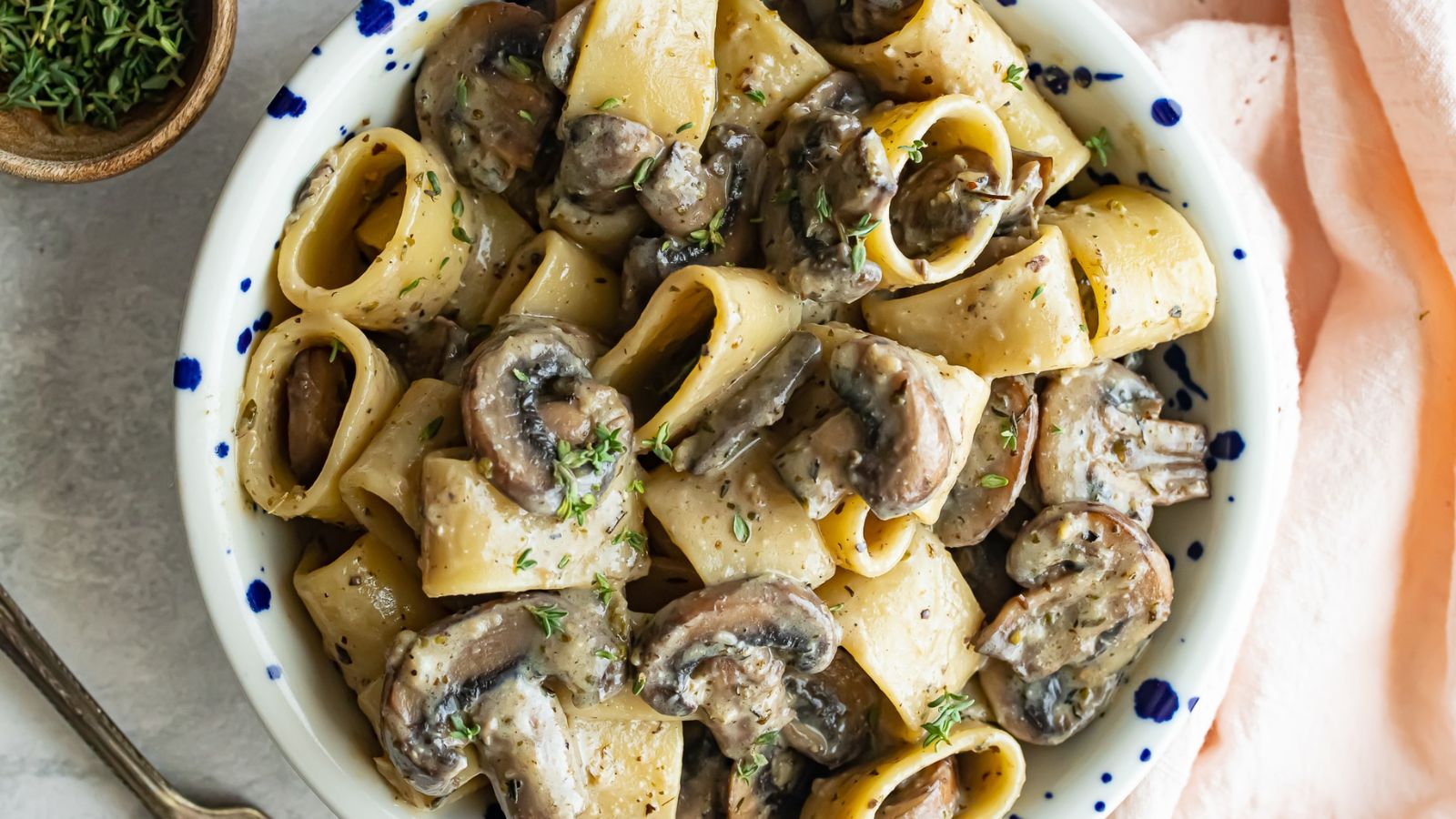 Mushroom pasta in a bowl.