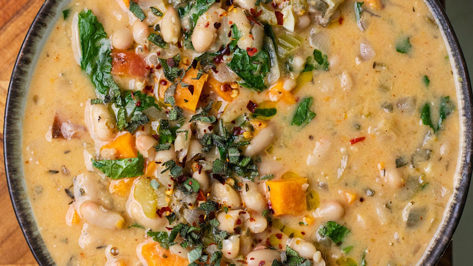 White bean soup with sweet potato and feta.