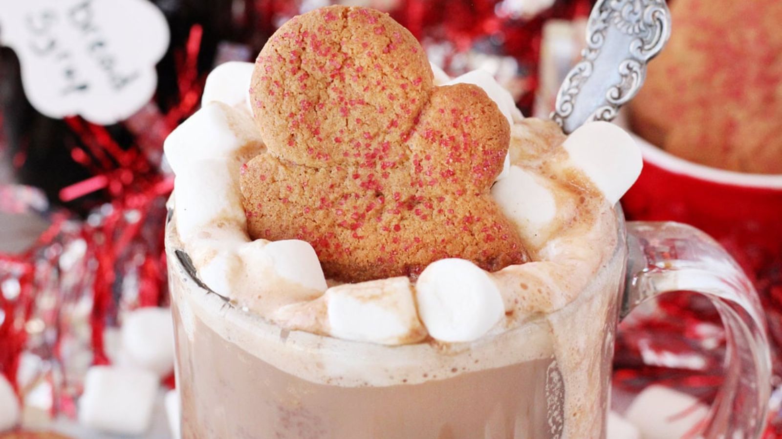 Hot chocolate with gingerbread and marshmallows.