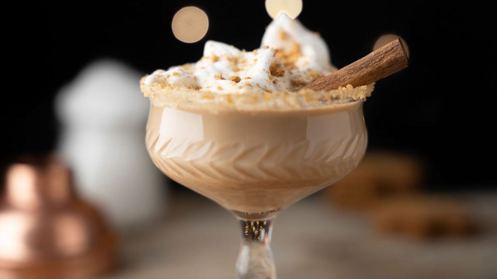 Gingerbread latte in a cocktail glass.