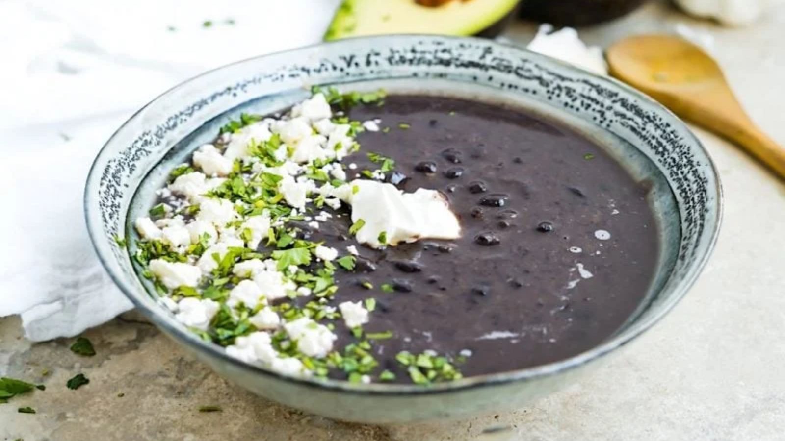 Black bean soup in a bowl.