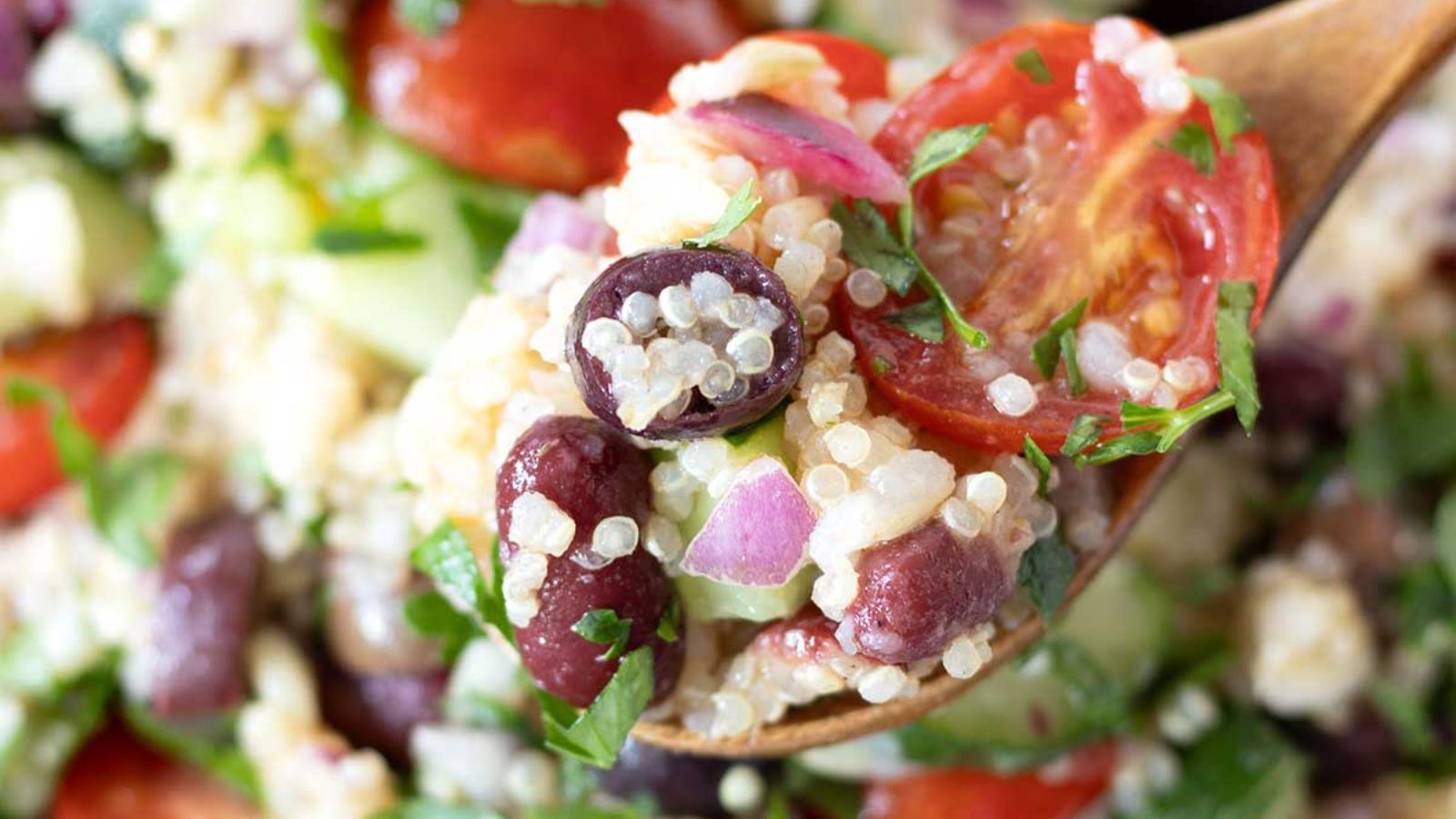 Close up of brown rice quinoa salad.