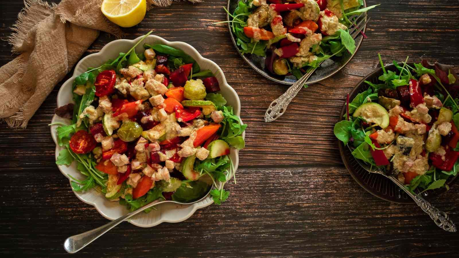 Roasted vegetable salad in a bowl.