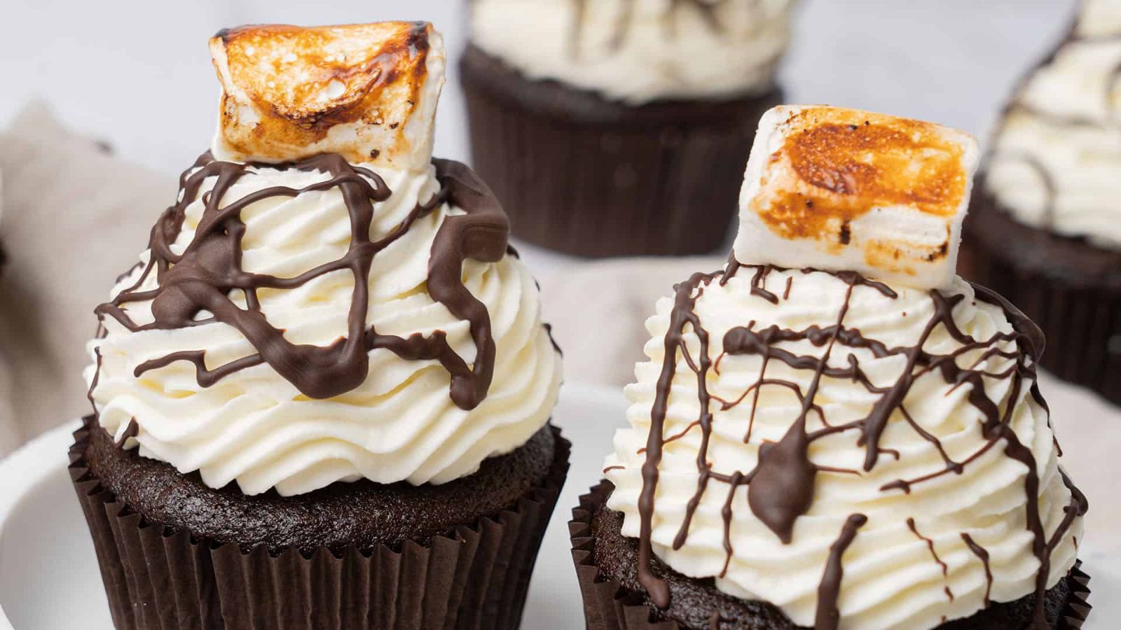 Chocolate cupcakes with marshmallows on top.