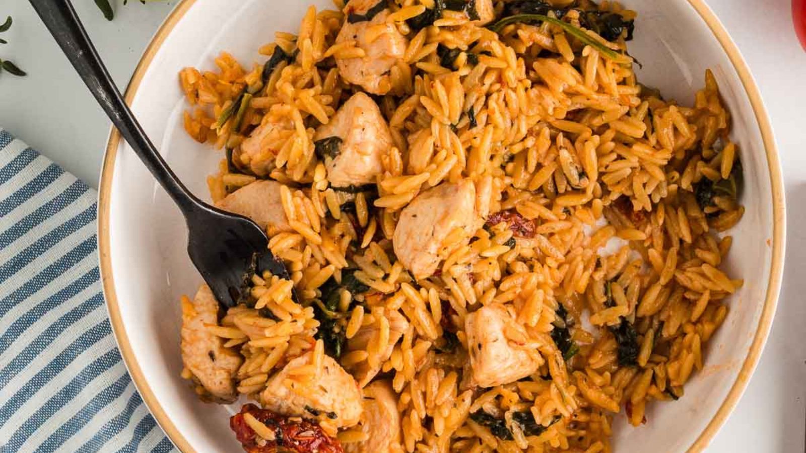 Chicken orzo in a bowl.