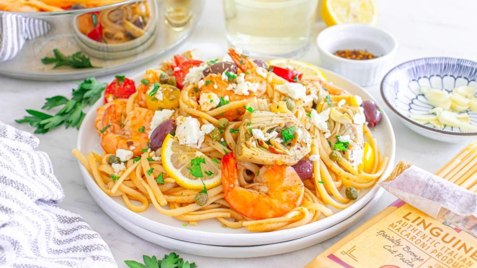 Shrimp linguine on a plate.