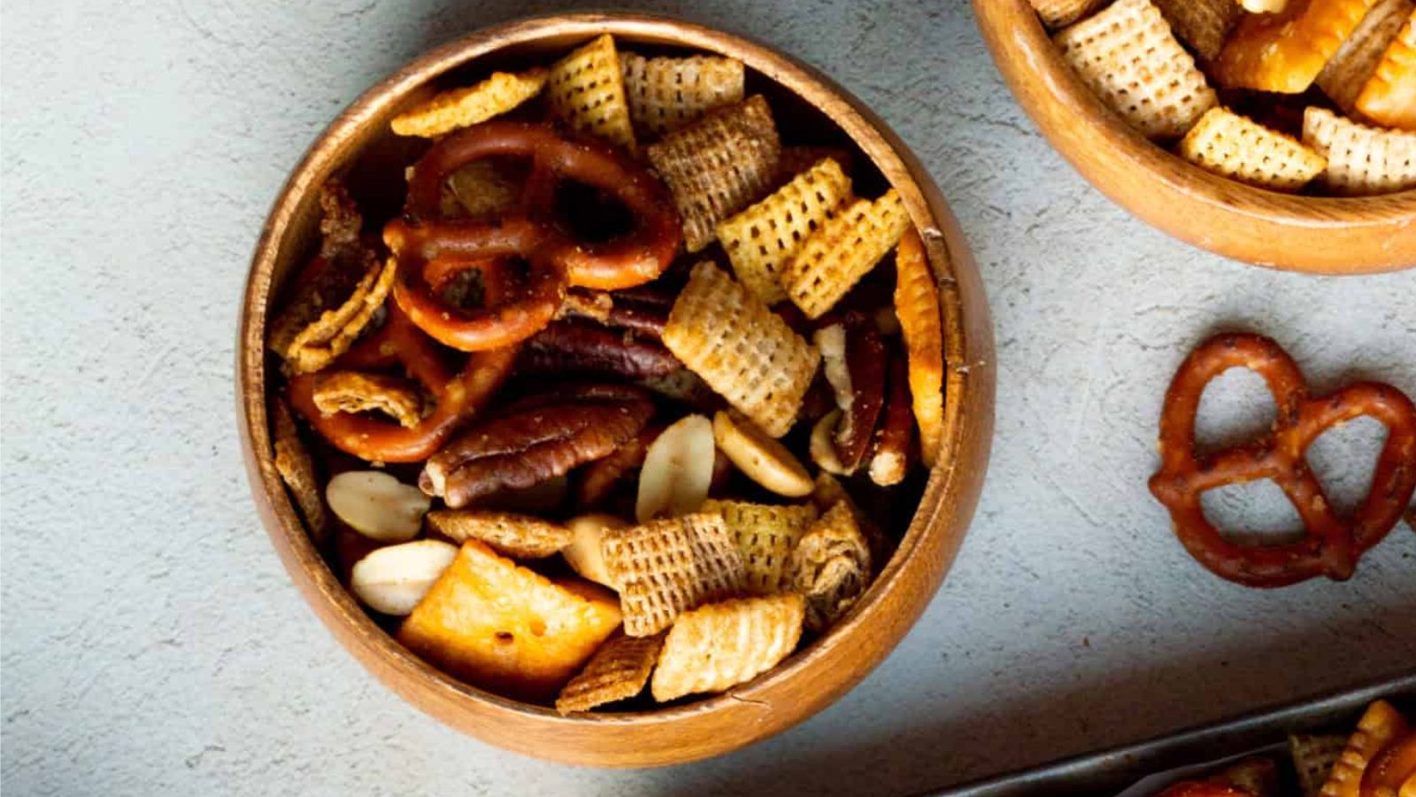 Holiday party mix in a bowl.