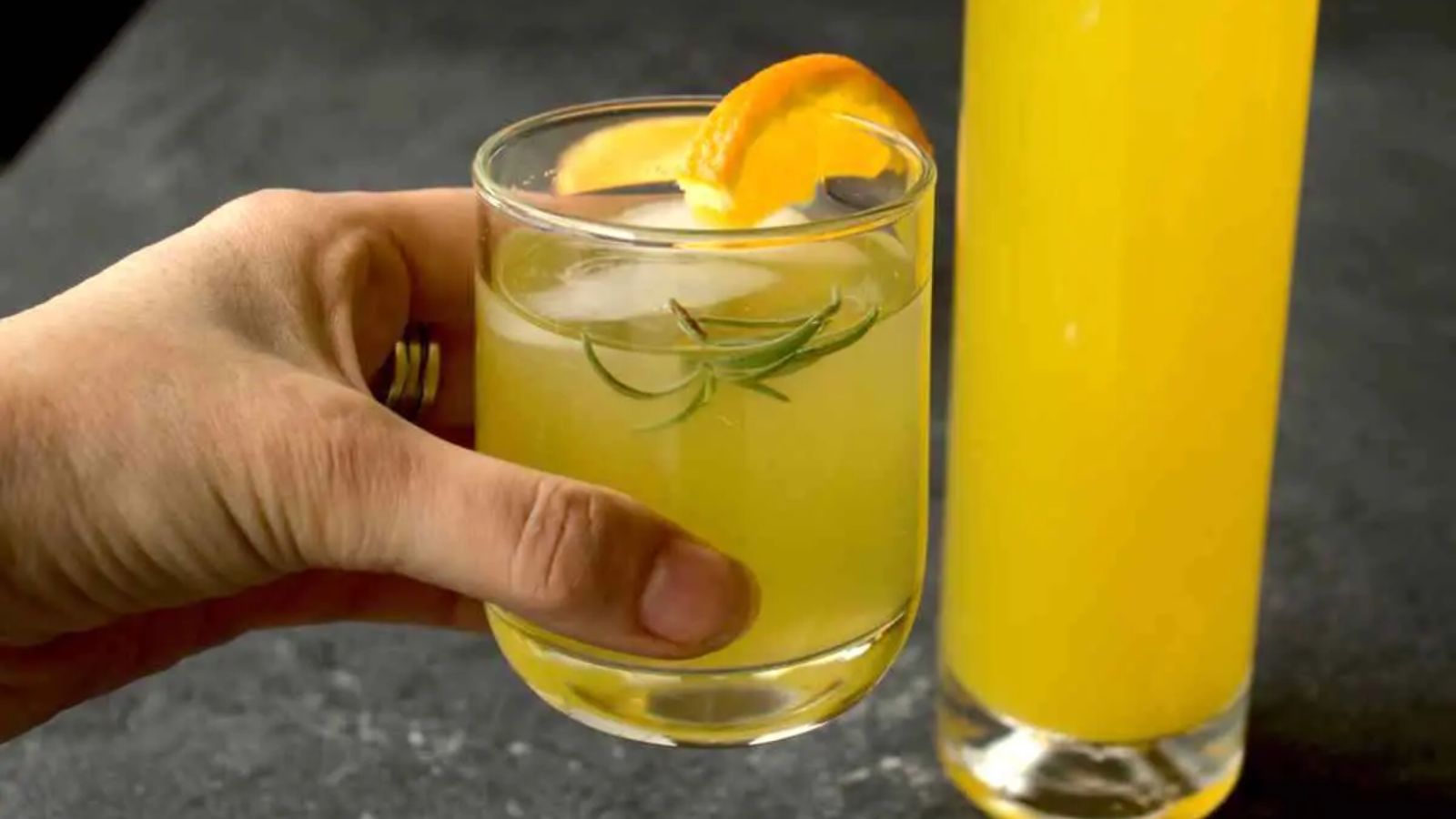 Orange juice in a glass.