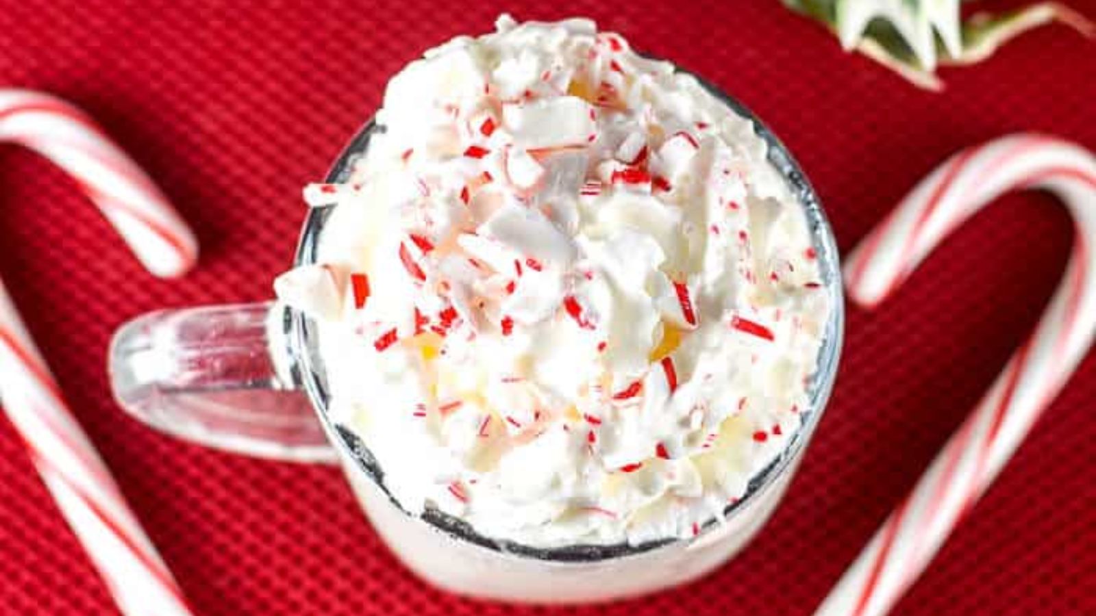 White hot chocolate with peppermint and candy canes.