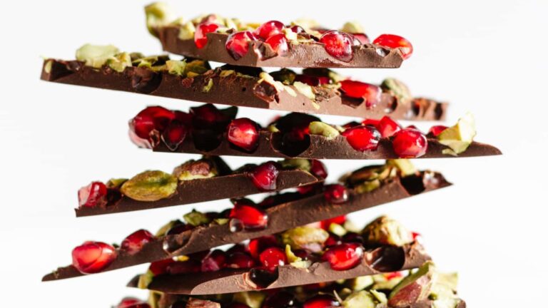 Dark chocolate bark with pistachios and pomegranate.