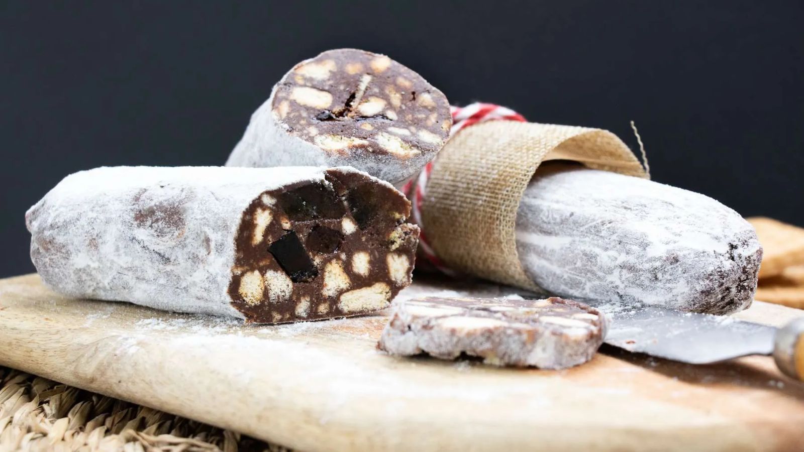 Chocolate salami on wooden board.