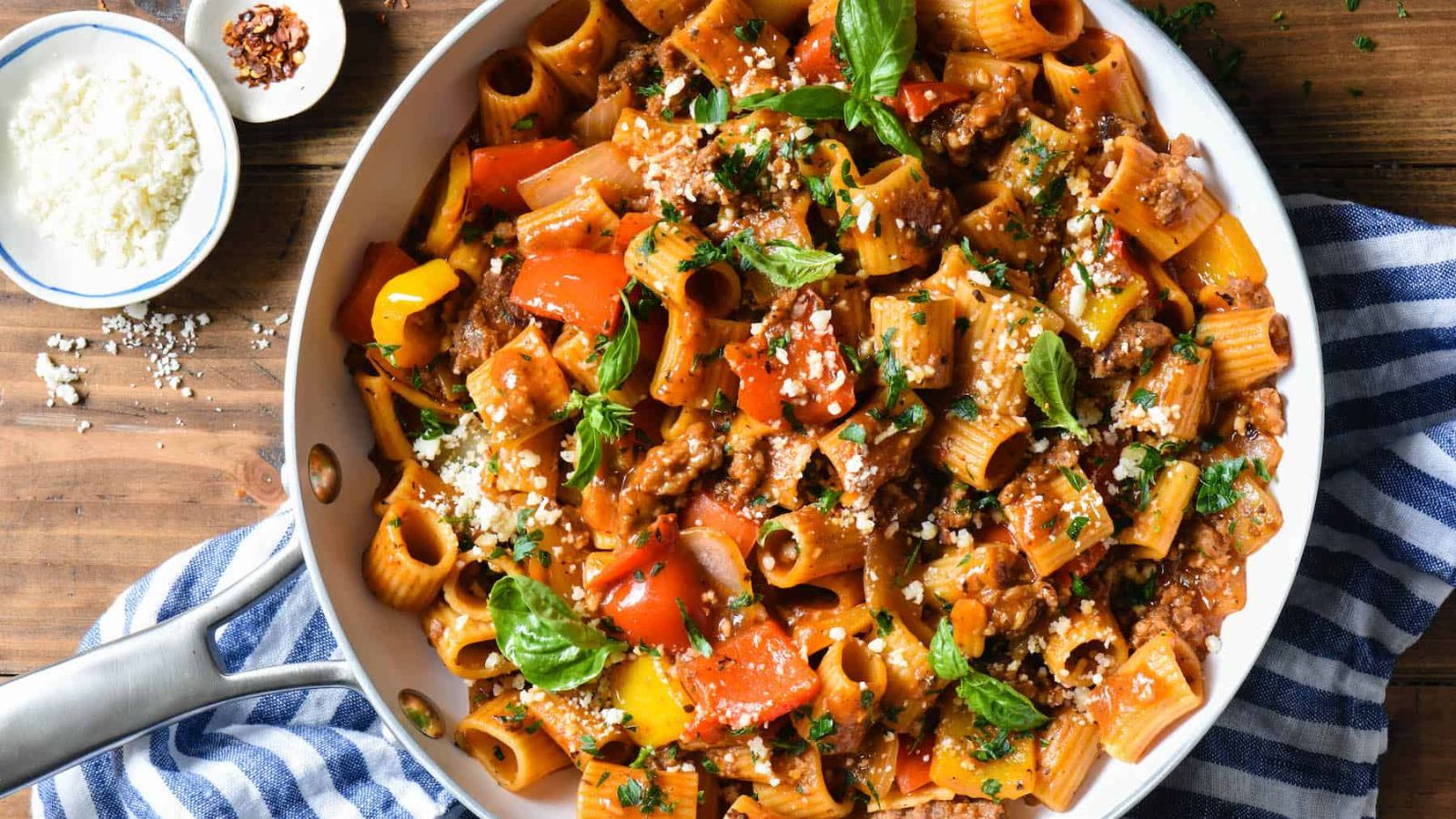 Skillet pasta in a pan.