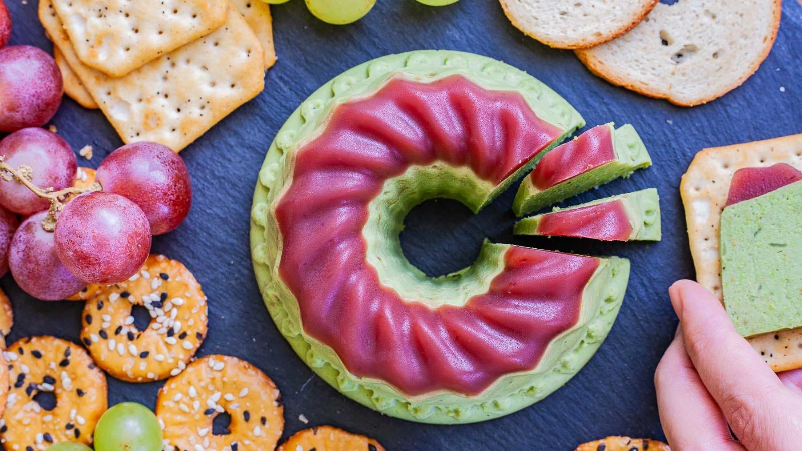 Pistachio cheese with slices.