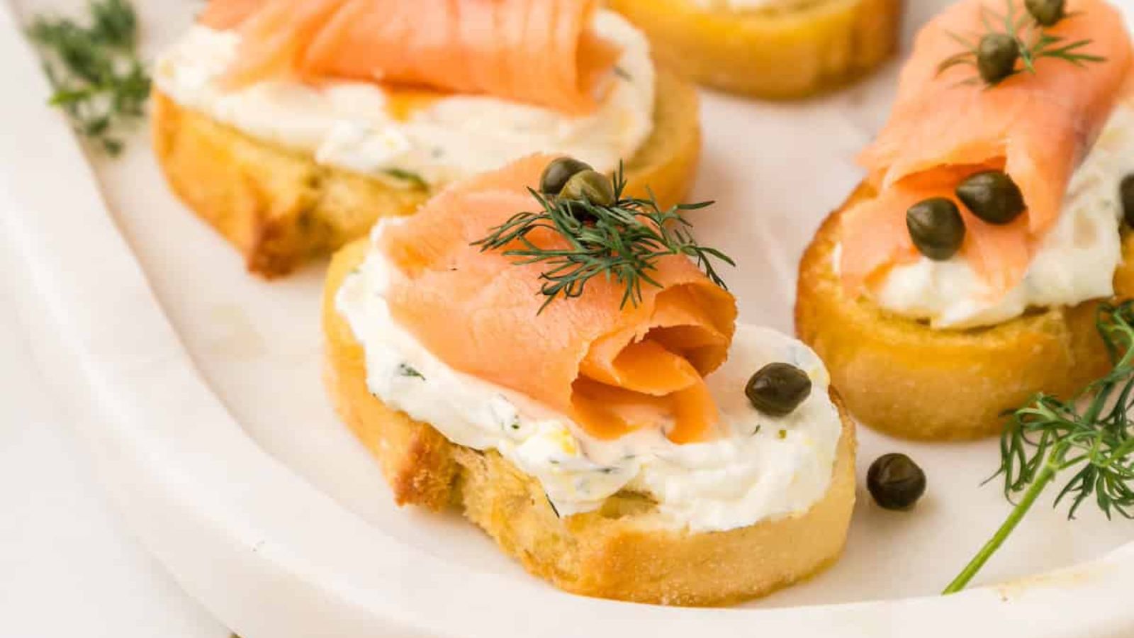 Crostini with salmon on top.