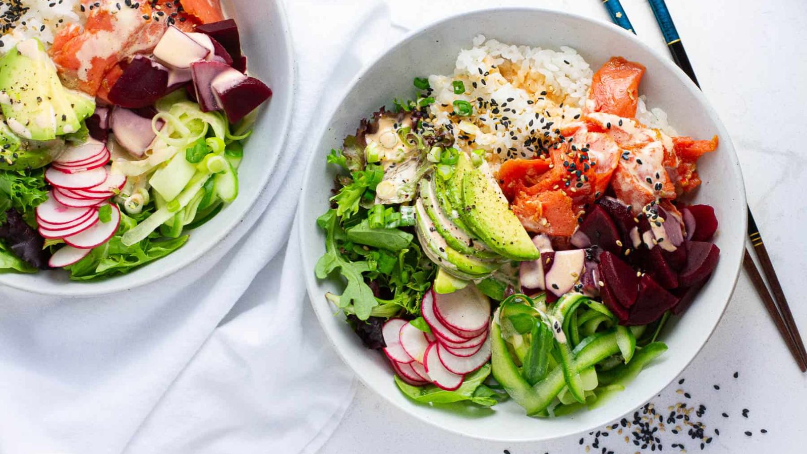 Poke bowls with salmon.