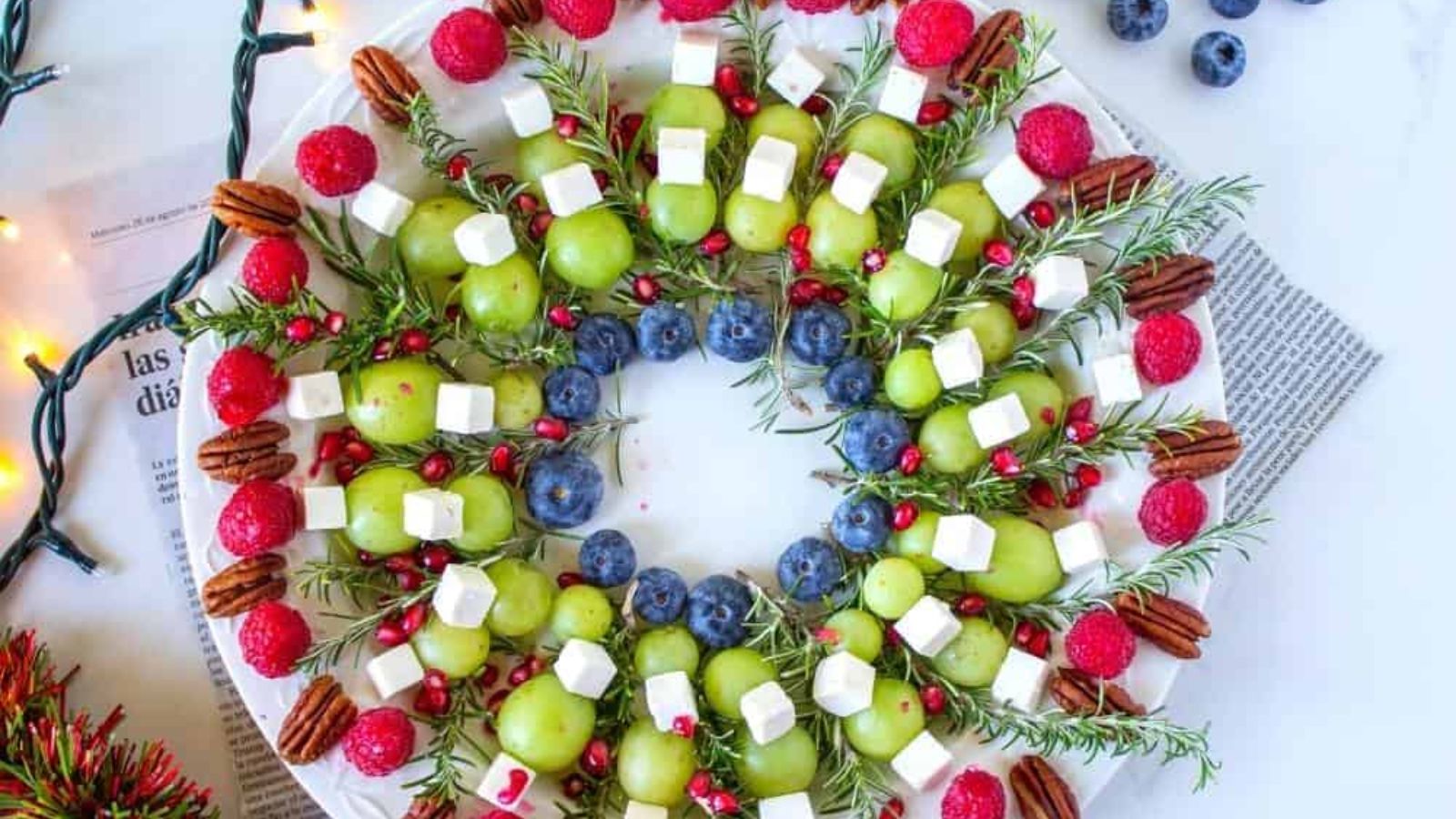 Fruit board with christmas lights.