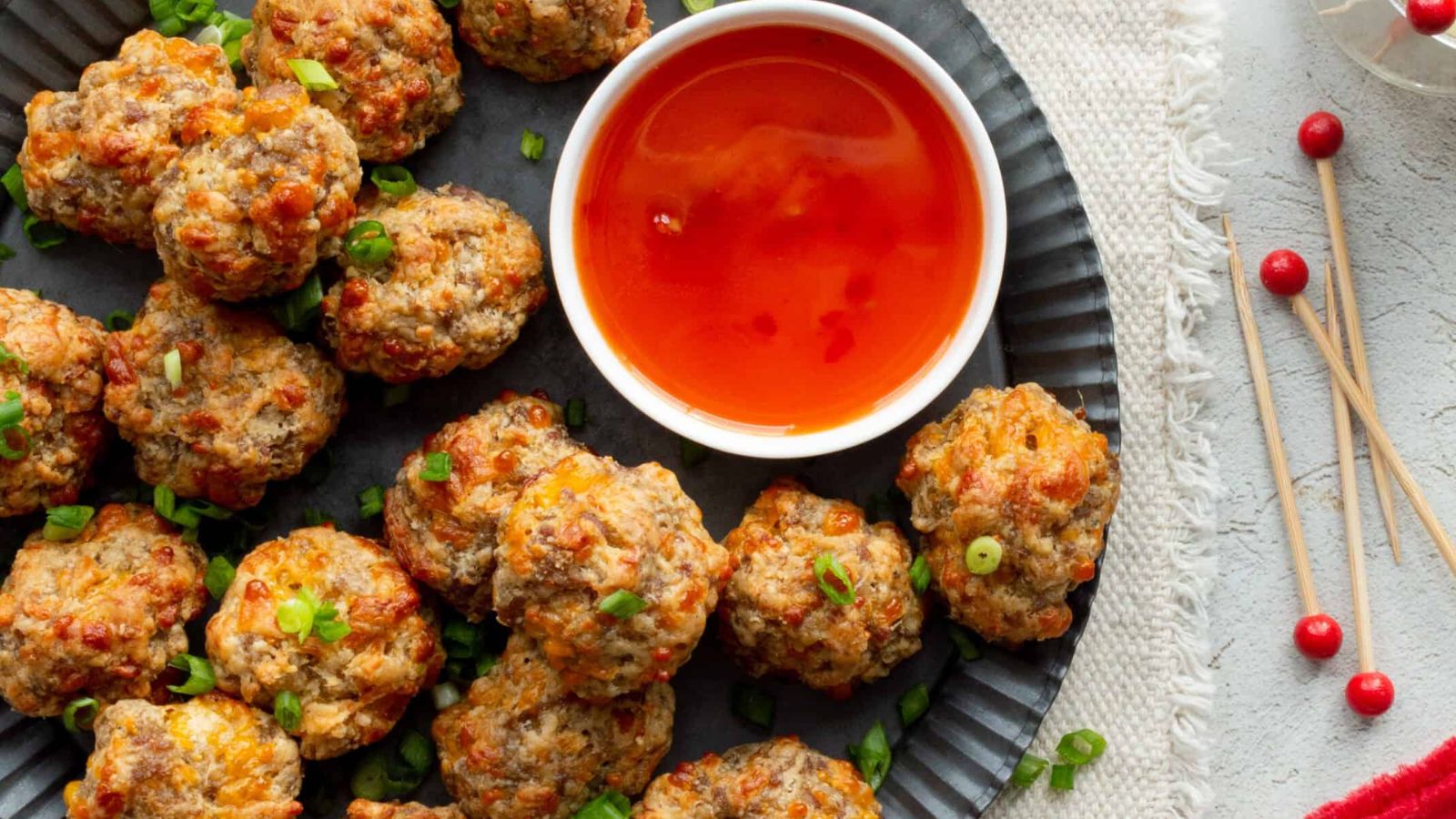 Cheddar cheese sausage balls with dip.