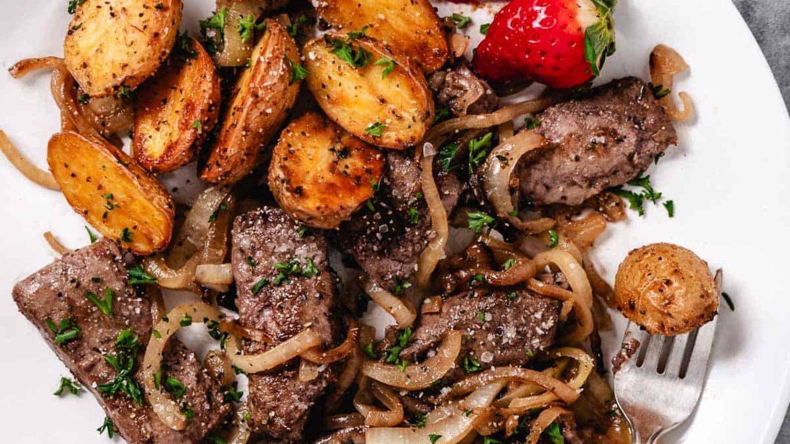 Liver an potatoes close up.
