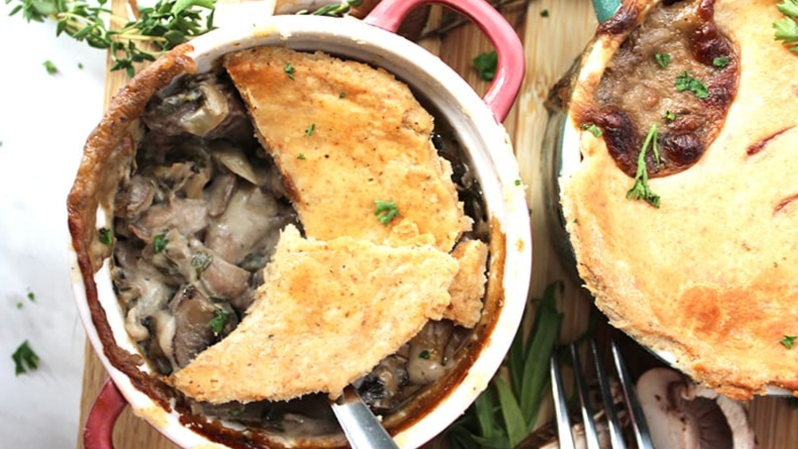 Mushroom pot pie in a bowl.