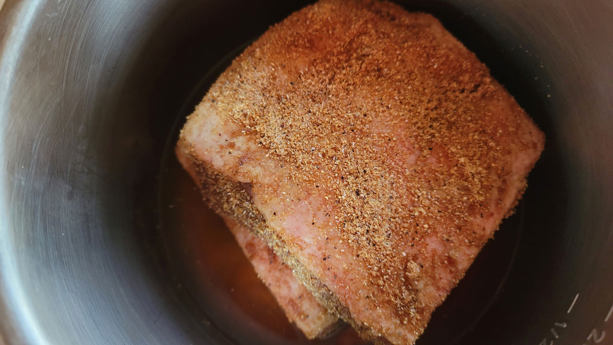 Brisket halves in the Instant pot bowl.