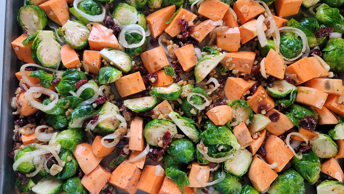 Ingredients spread out on a baking sheet.