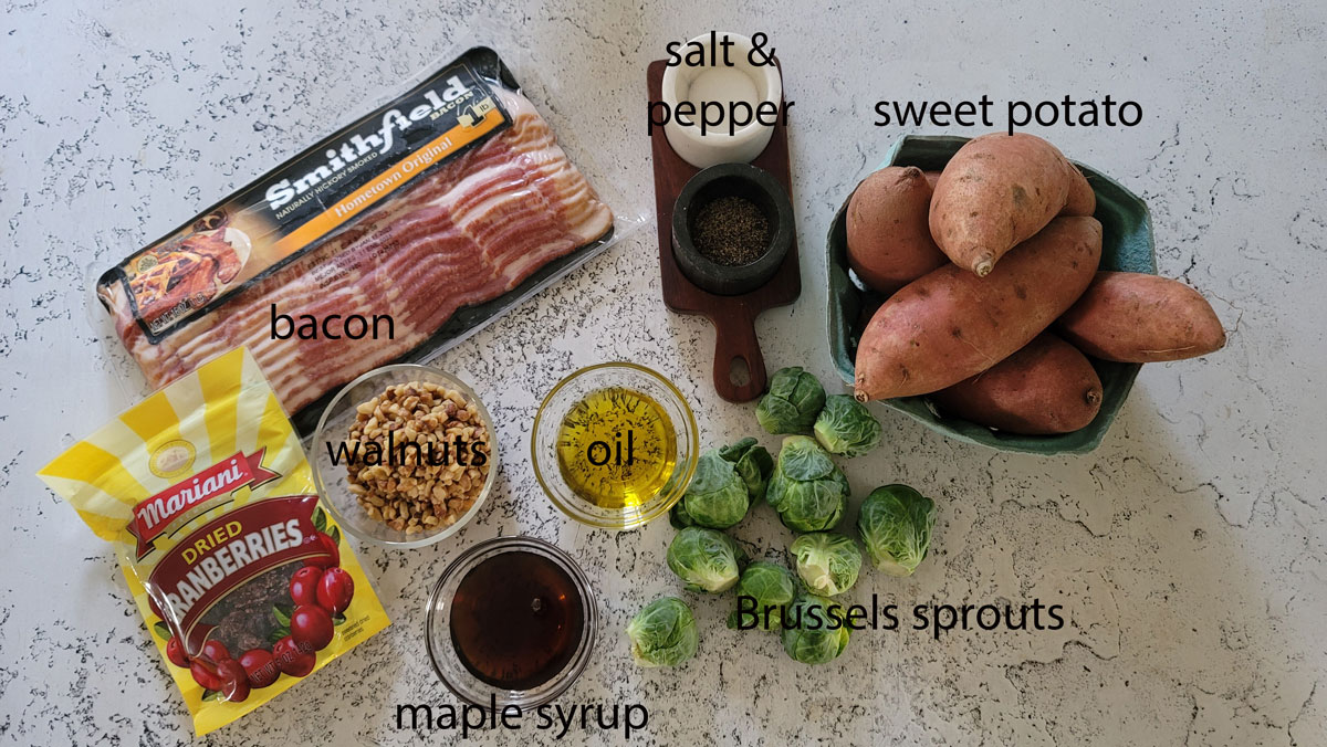 Ingredients for roasted brussels sprouts and sweet potatoes. See details in recipe below.