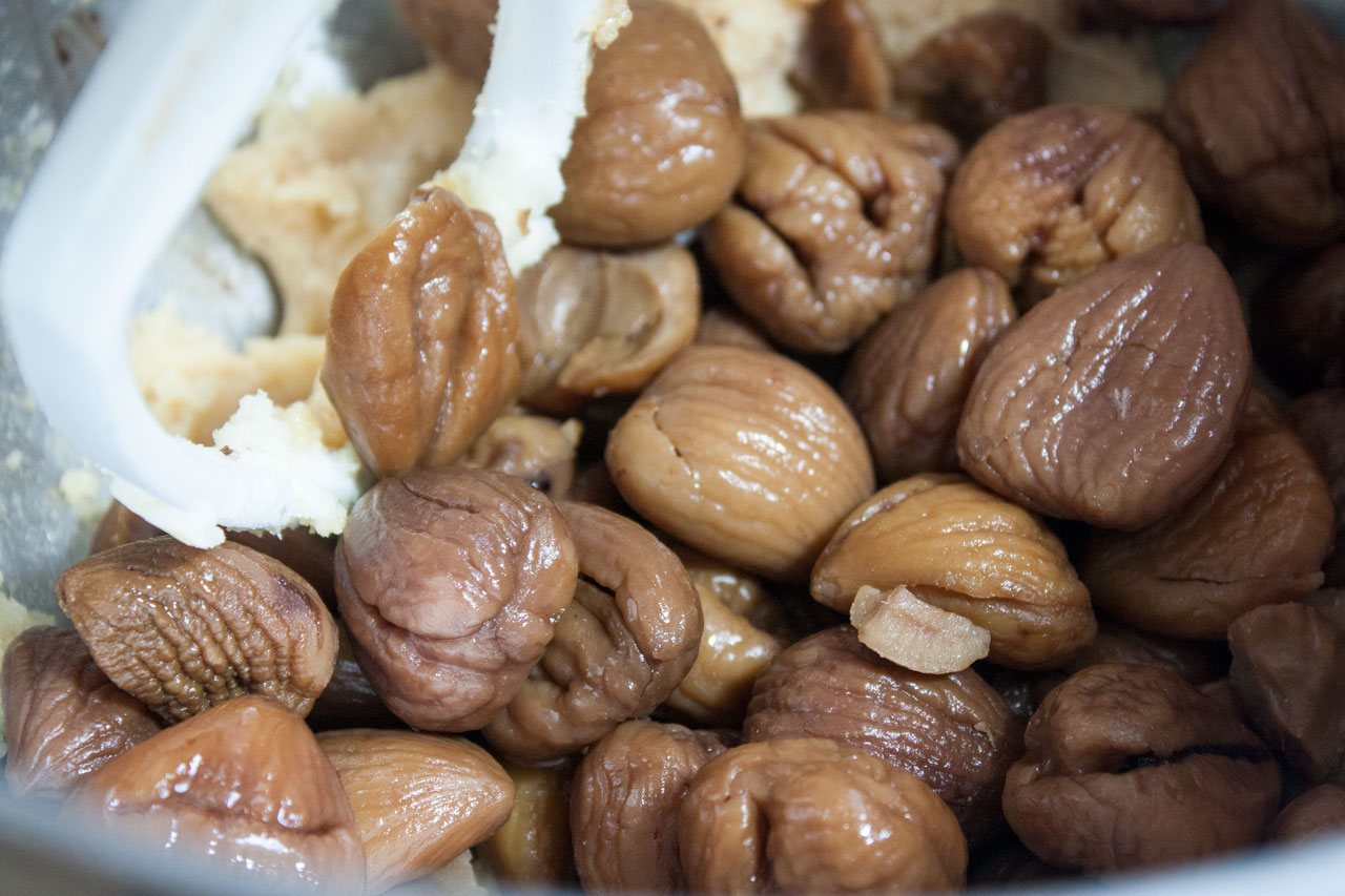 Cooked chestnuts added to the mixing bowl.