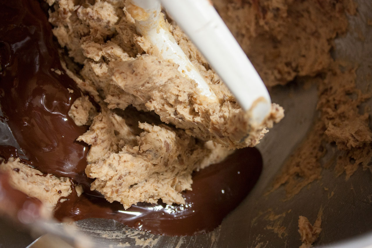 Melted chocolate added to the dough.