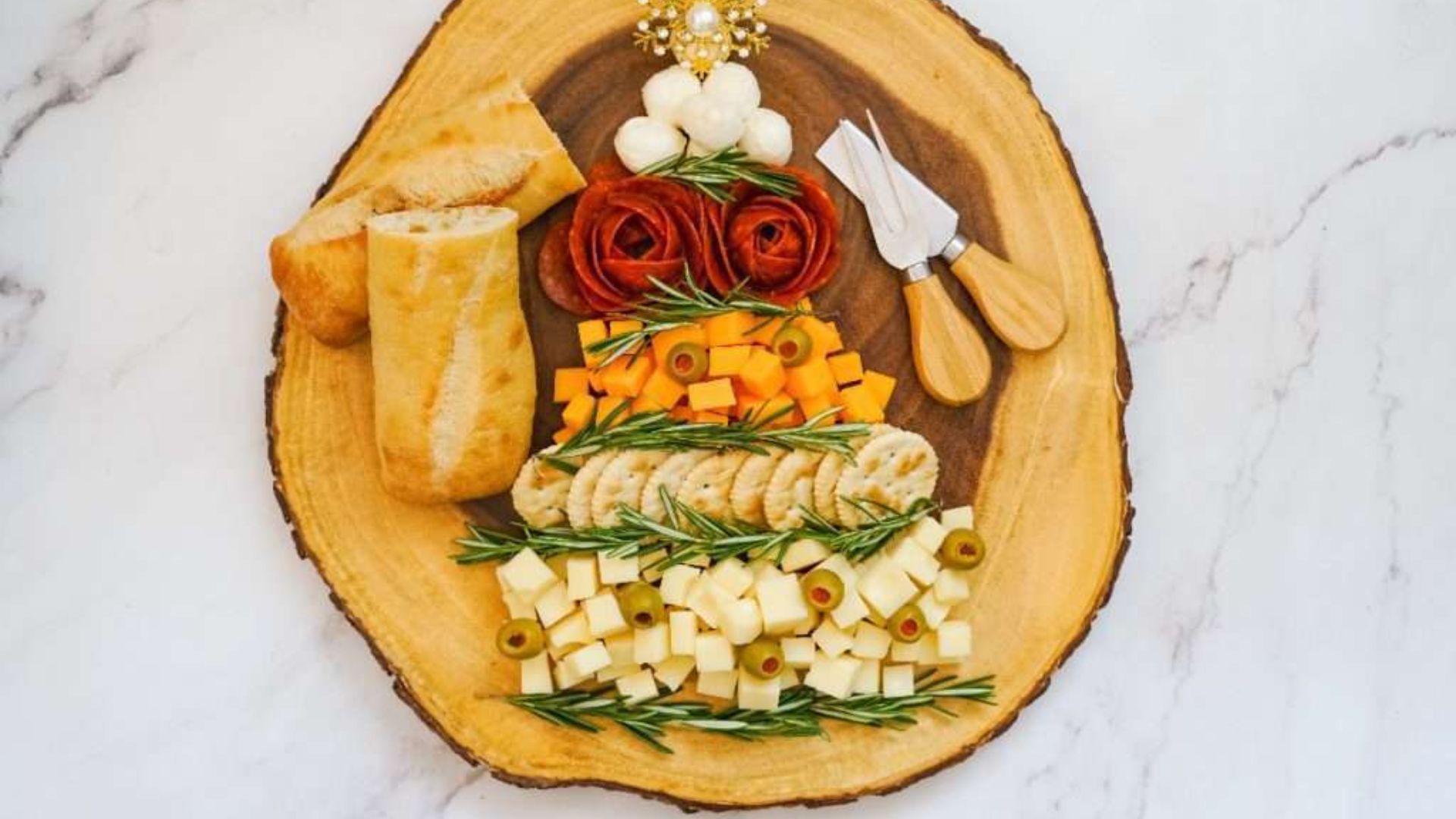 Christmas tree charcuterie on a wooden board.