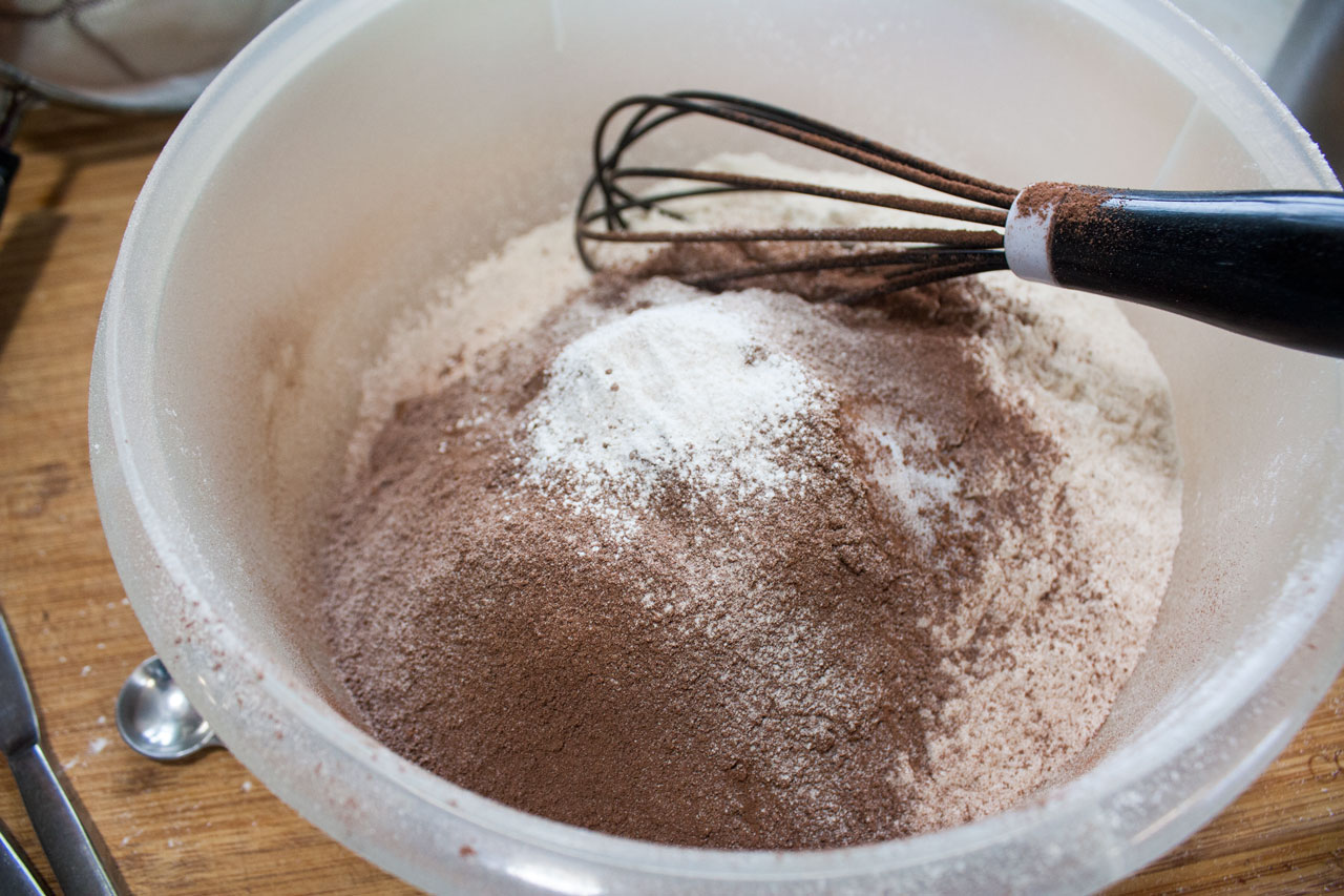 Measured dry ingredients in a bowl, whisked to combine.