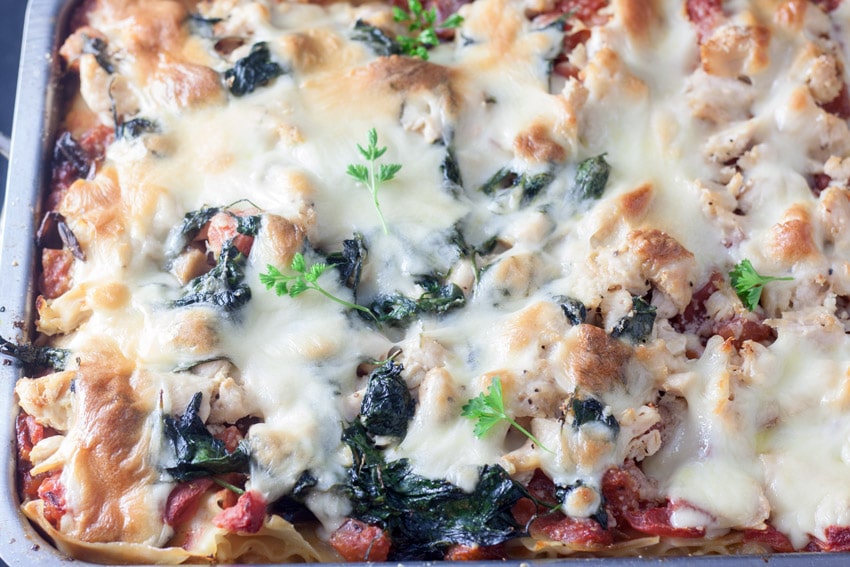 partial pan of chicken florentine lasagna